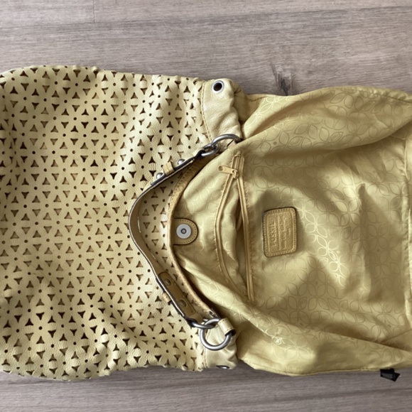 Fossil laser cut yellow leather handbag purse medium size - Picture 7 of 14